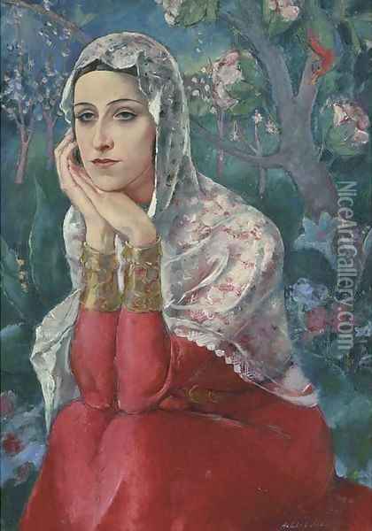 A Turkish beauty in a garden Oil Painting - Halil Bey Mussaijassul