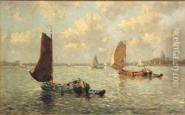 Fishing Boats In A Busy Harbor Oil Painting - J. Van Delden