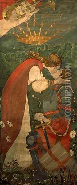 St. George In Armour Being Kissed By Una, 1914 Oil Painting - Phoebe Ann Traquair