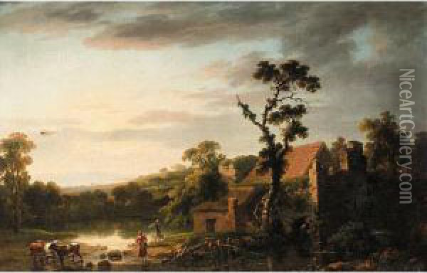 Landscape With Rustics And Cattle By A House In The Foreground Oil Painting - George Cuitt