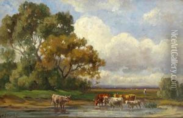 Landscape With Cows At A Watering Hole Oil Painting - Friedrich Albert Schmidt