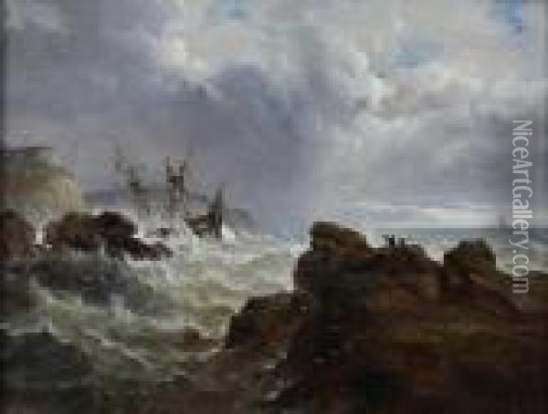 Shipwreck On A Stormy Coastline Oil Painting - John Moore Of Ipswich