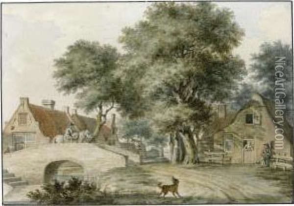 Three Of Village Scenes, One Of Peasants By A
Sluice Oil Painting - Izaak Schmidt