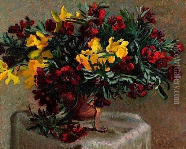 Bouquet De Jonquilles Et Fleurs Rouges Oil Painting - Eugene Henri Cauchois