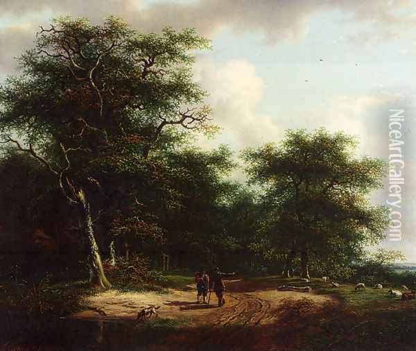 Two Figures In A Summer Landscape Oil Painting - Andreas Schelfhout