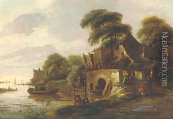 A river landscape with peasants gathered on a bridge in a village, a lake with sailing vessels beyond Oil Painting - Claes Molenaar (see Molenaer)