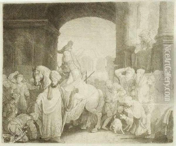 The Triumph Of Mordecai. Etching, Ca. 1641 Oil Painting - Rembrandt Van Rijn