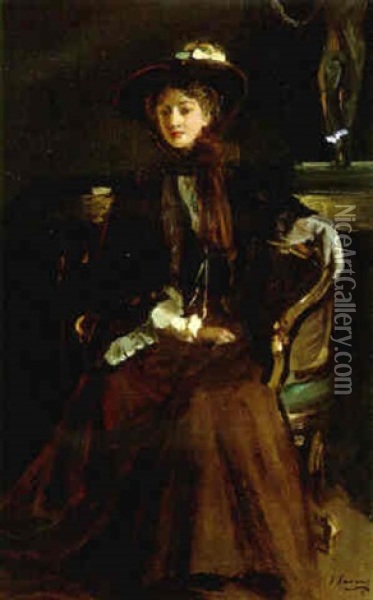 Portrait Of A Lady In Brown Oil Painting - John Lavery