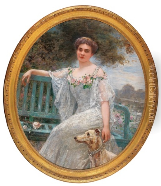 Portrait Of An Elegant Lady With Dog Oil Painting - Henri Gervex