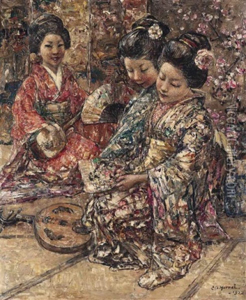 Japanese Geisha Girls Oil Painting - Edward Atkinson Hornel
