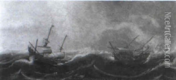 Merchantmen In Distress Offshore In A Gale Oil Painting - Andries Van Eertvelt