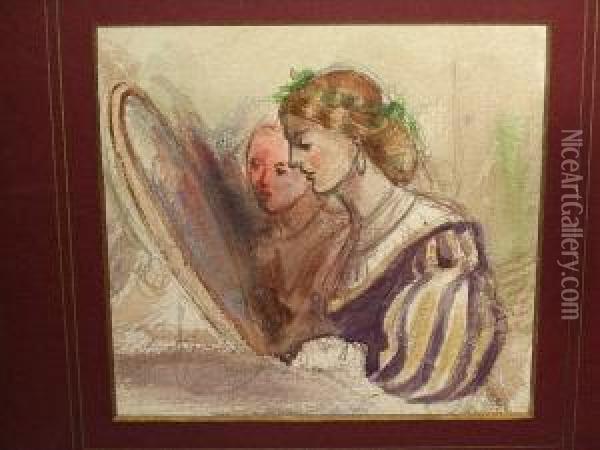 Two Young Women Before A Mirror Oil Painting - Louisa Anne, Marchioness of Waterford