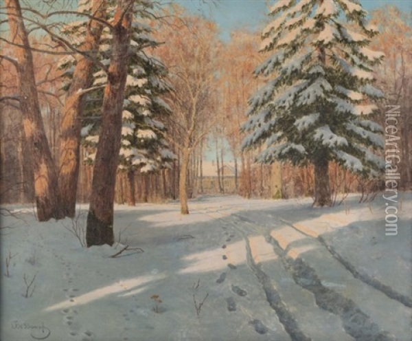 Tracks Through The Newly Fallen Snow Oil Painting - Boris Bessonof