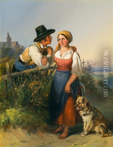 The Rendezvous - A Young Peasant Couple With A Dog Oil Painting - Johann Matthias Ranftl