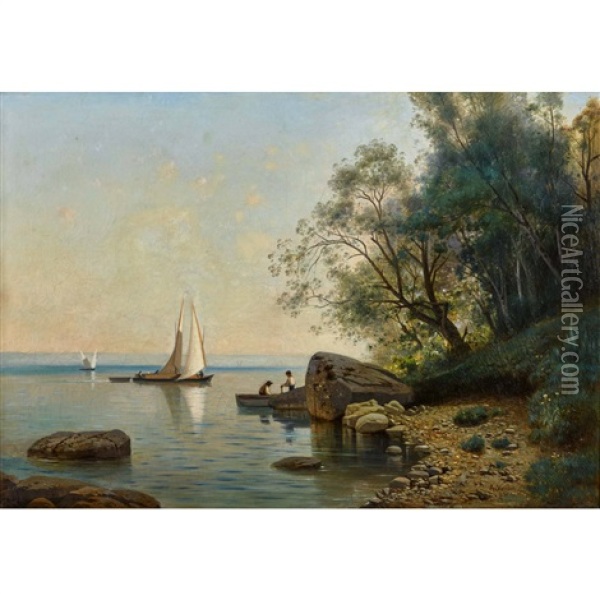 Lac Leman Avec Voiliers Oil Painting - Auguste Louis Veillon