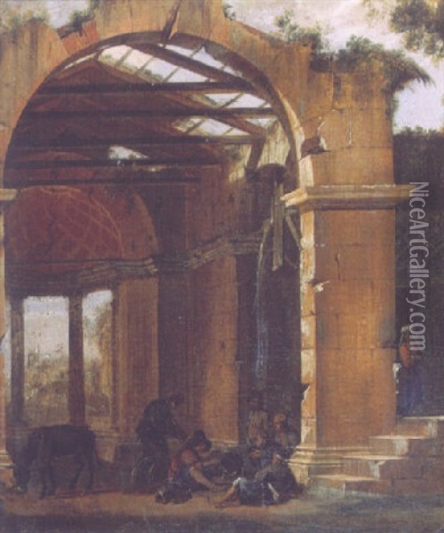 Bandits Around A Fire Among Classical Ruins Oil Painting - Viviano Codazzi