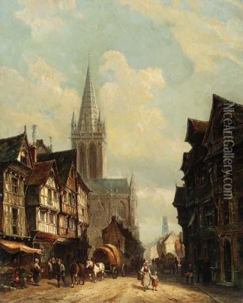 A Sunlit Townview With Figures Passing A Cathedral Oil Painting - Cornelis Christiaan Dommersen