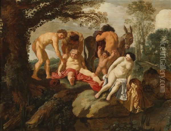 The Drunken Silenus With The Phrygian Peasants Oil Painting - Moyses van Uytenbroeck