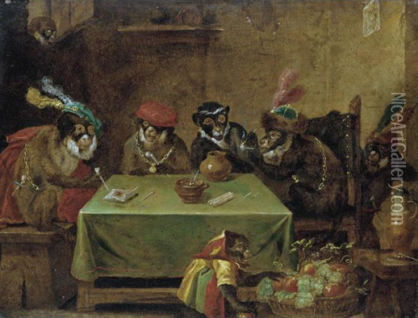 A Singerie With Monkeys Smoking At A Table And A Jester Below Oil Painting - David The Younger Teniers