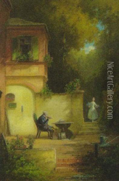 Ein Flotenspieler Sitzt Auf Der Terrasse Vor Seinem Haus Und Musiziert Oil Painting - Willy Moralt