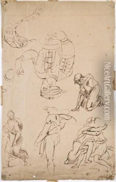 Feuille D'etude Avec Personnages, D'apres Raphael Oil Painting - Eugene Delacroix