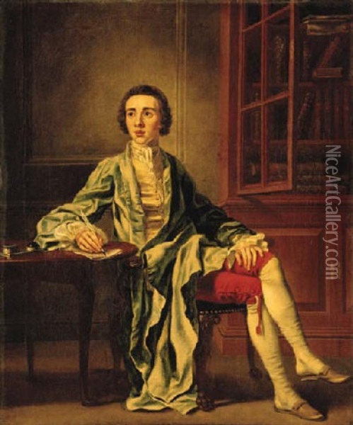 Portrait Of Joseph Henry Of Straffan, Co. Kildare, Seated At A Table Writing A Letter, In A Blue Coat, Yellow Waistcoat And Red Breeches, Beside A Bookcase Oil Painting - Francis Hayman