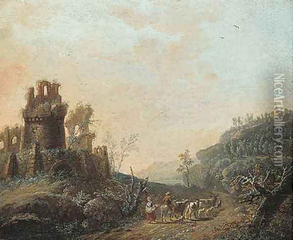 Travellers on a path near a ruined castle Oil Painting - Maximillian Joseph Schinnagl