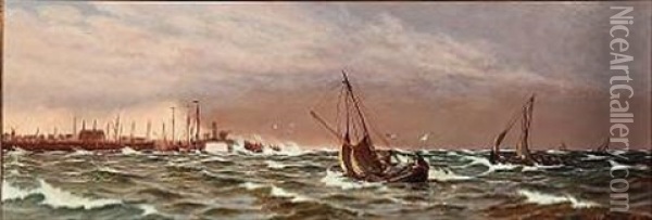Fiskere Tager Iland For Frembrydende Uvejr Oil Painting - Johan Jens Neumann