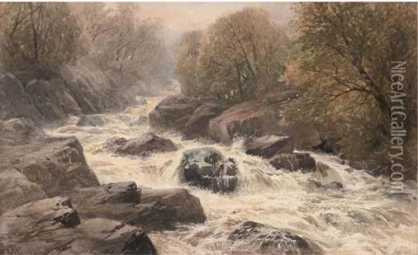 A Welsh Torrent Oil Painting - Edmund Morison Wimperis