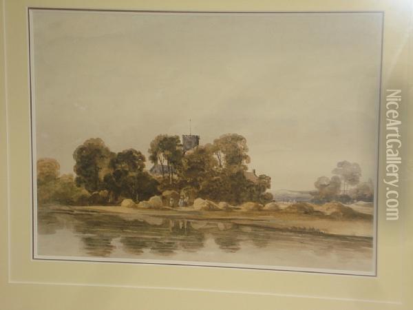 Haymakers Before A Riverside Church Oil Painting - John Moyer Heathcote