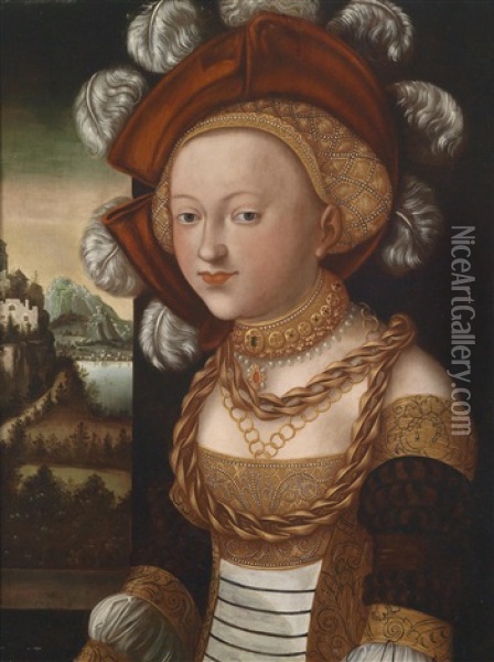 Hofisch Gekleidete Junge Dame Vor Landschaftshintergrund Oil Painting - Lucas Cranach the Elder