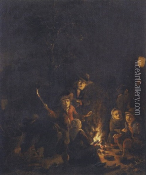 Boors Gathered Around A Bonfire At Night Oil Painting - Egbert Lievensz van der Poel