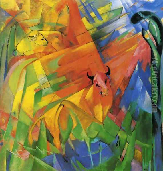 Animals In Landscape Aka Painting With Bulls Oil Painting - Franz Marc