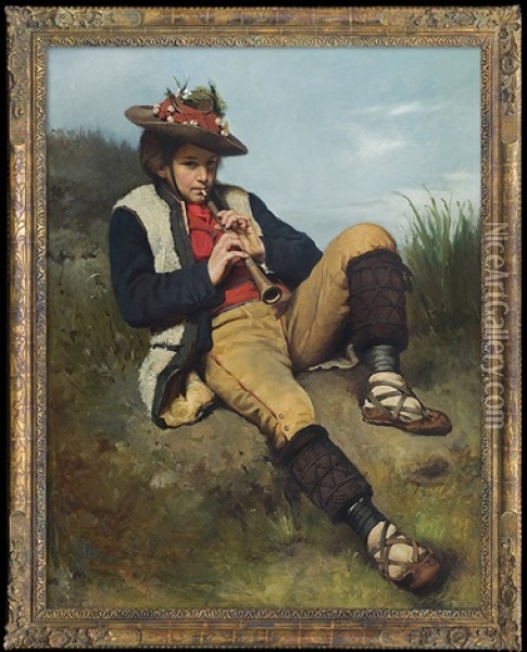 Boy Playing The Flute Oil Painting - Tadeusz Ajdukiewicz