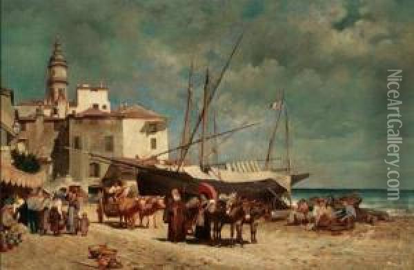 Figures Gathered Along A Mediterranean Shore Oil Painting - Alfred Wordsworth Thompson