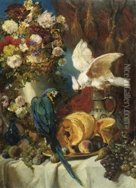 Grosses Stilleben Mit Papagei Oil Painting - Louis-Gabriel-Eugene Isabey