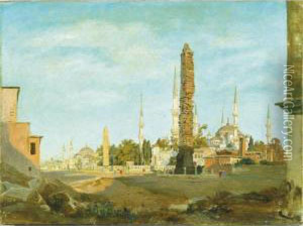 The Brazen Column And Egyptian Obelisk, The Blue Mosque And Haghia Sophia Beyond Oil Painting - Harald Jerichau