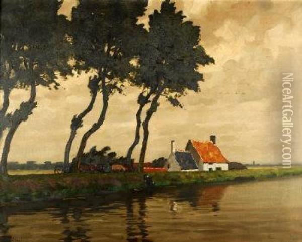 River Landscape With Watering Cattle Oil Painting - Victor Gilsoul