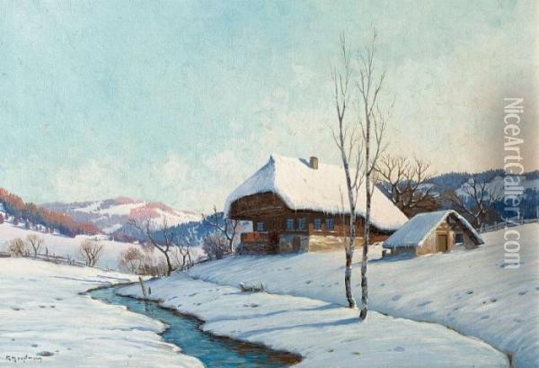 Black Forest House At A Creek Oil Painting - Karl Hauptmann