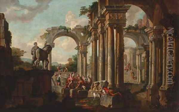 A capriccio of classical ruins with soldiers at a pool Oil Painting - Giovanni Paolo Panini