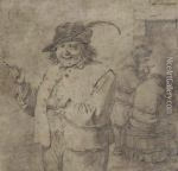 A Laughing Peasant With A Pipe, Gamblers Beyond Oil Painting - David The Younger Teniers