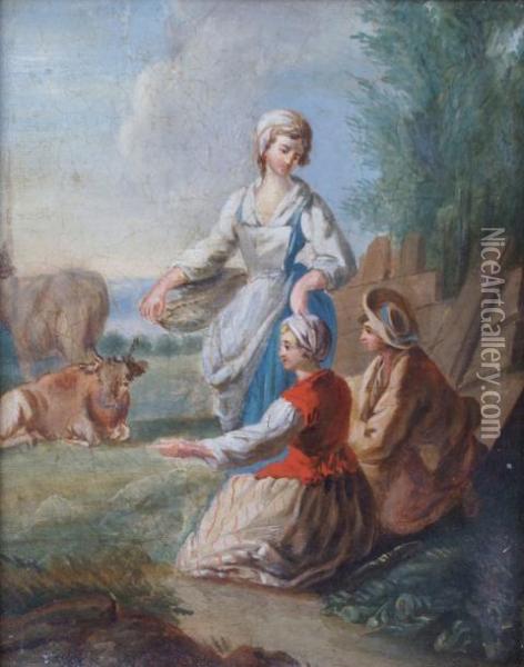 Les Jeunes Bergeres Oil Painting - Jean-Baptiste Huet I