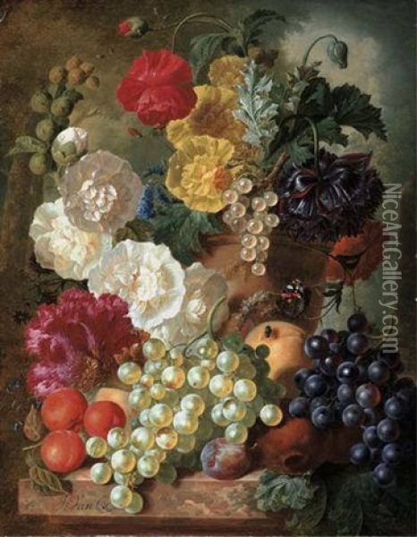 Poppies, Hollyhocks, An Anemone And Other Flowers In A Terracotta Urn With Grapes, A Plum, Pomegranates, Apricots, Peaches And A Cockscomb With A Butterfly Oil Painting - Jan van Os