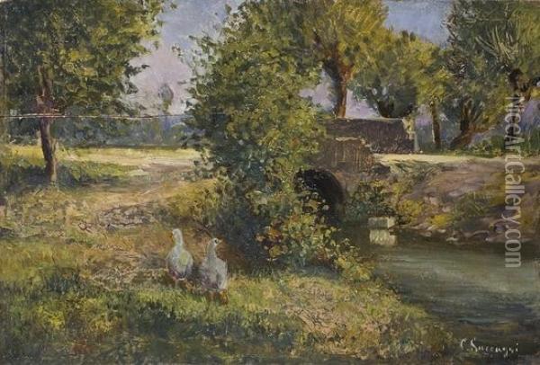 Paesaggio Di Campagna Con Ponte, Ruscello E Oche Oil Painting - Cesare Saccaggi