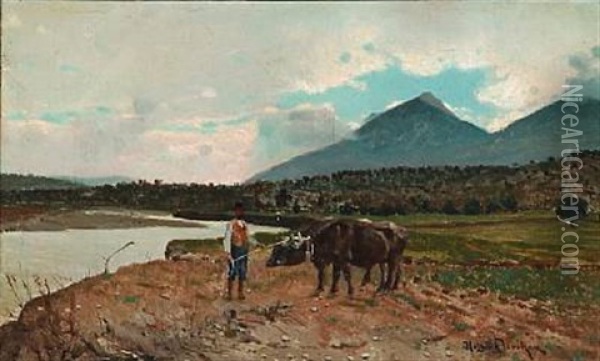 Landscape From Italy With A Peasant And Cattle Oil Painting - Holger Hvitfeldt Jerichau