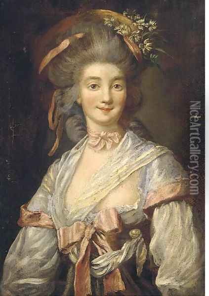 Portrait of a lady, bust-length, with flowers in her hair Oil Painting - Antoine Pesne