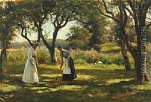 A Garden In Hornbaek With The Daughter Of Otto Bache, Emilie, And A Relative Of Otto Bache, Marie Charlotte, Playing Croquet Oil Painting - Otto Bache