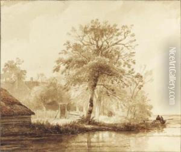 A Farm Among Trees By A Pond, Fishermen In A Boat Nearby Oil Painting - Wijnandus Johannes Josephus Nuijen
