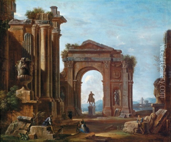Architekturcapriccio Mit Dem Reiterstandbild Des Romischen Kaisers Marcus Aurelius Oil Painting - Giovanni Paolo Panini