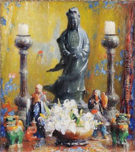 Still Life With Asian Artifacts, Candlesticks, And Flowers Oil Painting - Anna S. Fisher